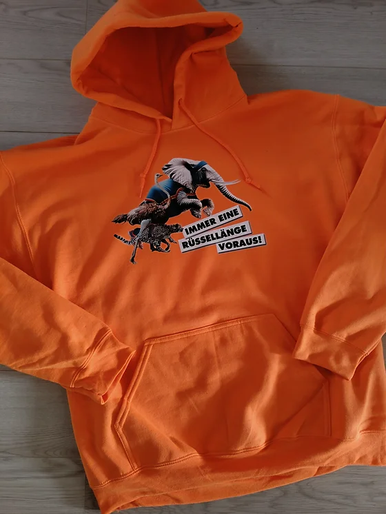 Orangefarbener Hoodie mit mehrfarbigem Motivdruck auf der Brust